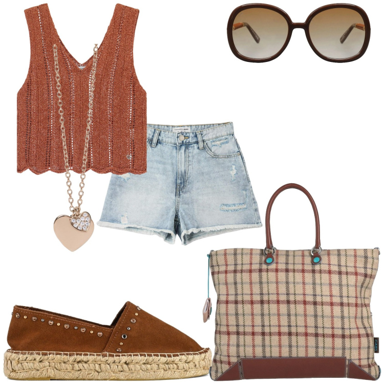 Outfit donna - Estate in tutta libertà. Stile Casual per Tutti i giorni. Abbinamento con borse a mano, occhiali da sole, shorts, ciondoli, top, espadrillas.