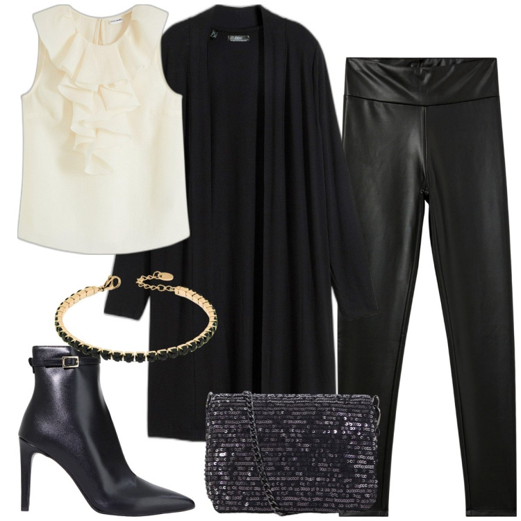 Outfit donna - Serata. Stile Rock per Serata fuori. Abbinamento con cardigans, bluse, treggings, braccialetti, stivaletti, borse a tracolla.