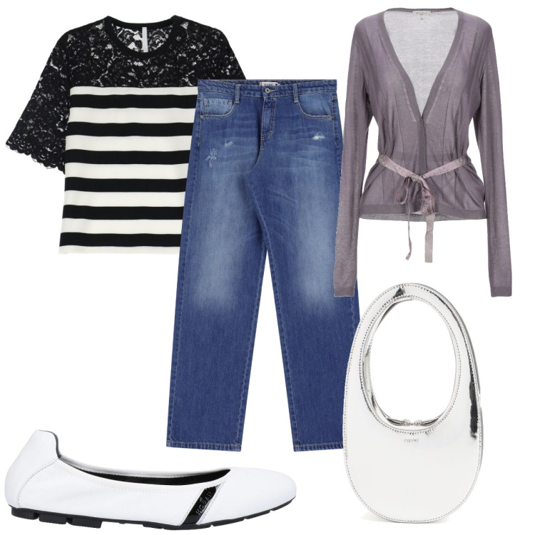 Outfit donna - Total look #2068307. Stile Trendy per Tutti i giorni. Abbinamento con ballerine, cardigans, jeans dritti, t-shirt, borse a mano.