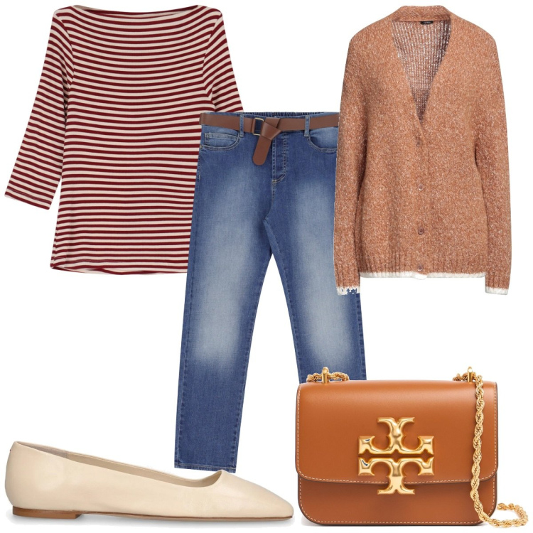 Outfit donna - Total look #2068309. Stile Trendy per Tutti i giorni. Abbinamento con cardigans, jeans dritti, t-shirt, ballerine, borse a spalla.