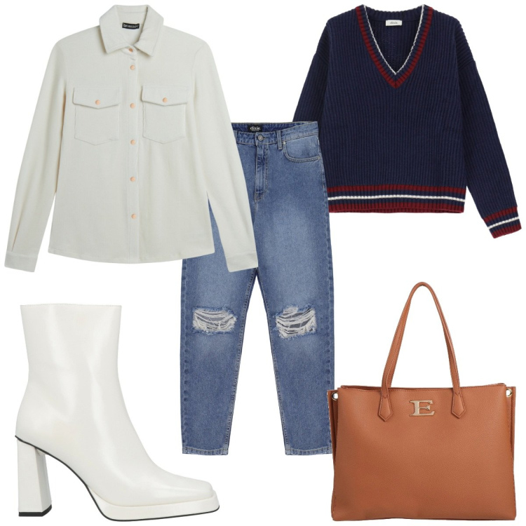 Outfit donna - Total look #2068312. Stile Trendy per Tutti i giorni. Abbinamento con stivaletti, borse a mano, camicie, pullovers, jeans strappati.