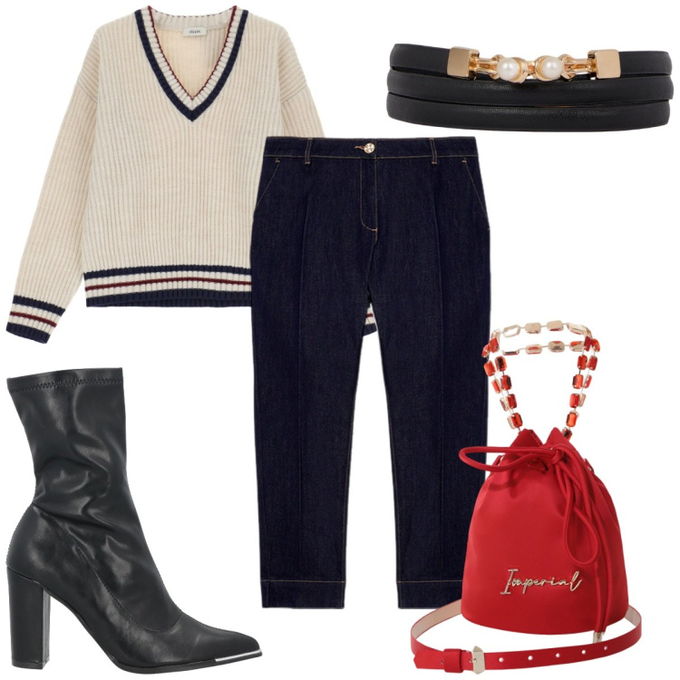 Outfit donna - Total look #2068315. Stile Trendy per Tutti i giorni. Abbinamento con stivaletti, borse a secchiello, pullovers, jeans, cinture.