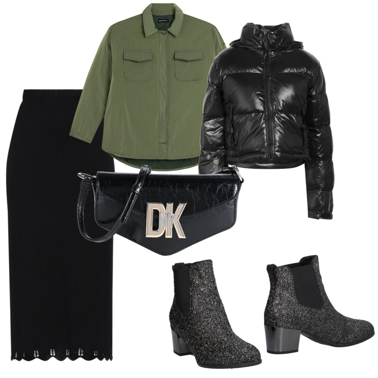 Outfit donna - Aperitivo con le amiche. Stile Trendy per Tutti i giorni. Abbinamento con stivaletti chelsea, piumini, gonne longuette, borse a tracolla, camicie.