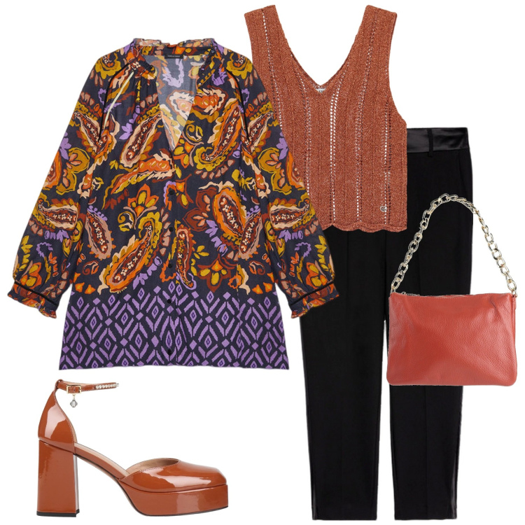 Outfit donna - Serata con amici. Stile Casual chic per Serata fuori. Abbinamento con décolleté, borse a mano, top, bluse, pantaloni.