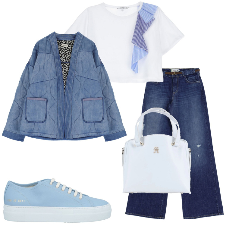 Outfit donna - Voglia di sole. Stile Casual chic per Ufficio. Abbinamento con sneakers, borse a mano, t-shirt, jeans, blazer.