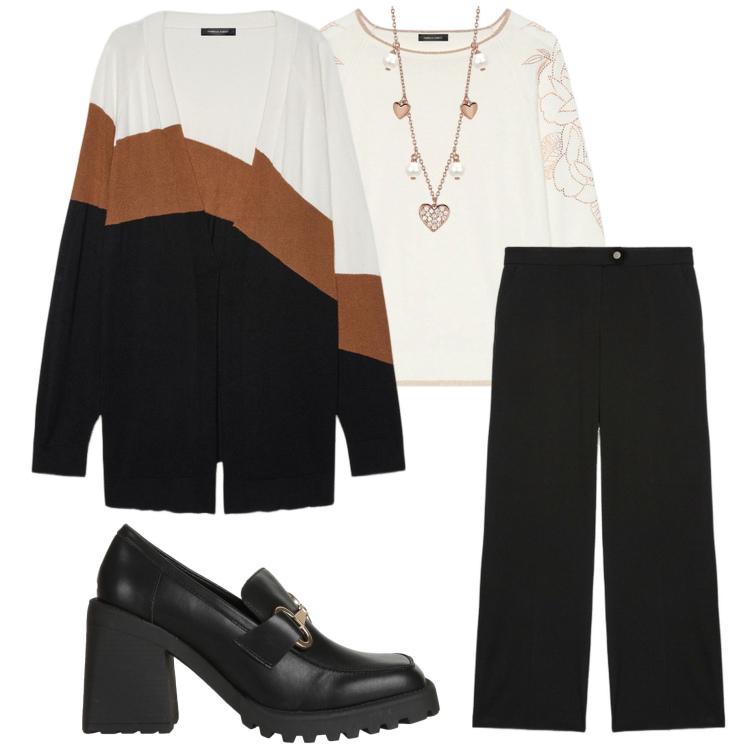 Outfit donna - In ufficio. Stile Casual chic per Ufficio. Abbinamento con mocassini, collane, maglieria, cardigans, pantaloni a palazzo.