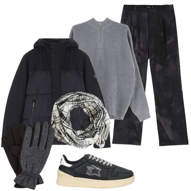 Outfit uomo - Ancora freddo!. Stile Casual per Tutti i giorni. Abbinamento con sneakers, sciarpe, pantaloni, piumini, maglieria, guanti.