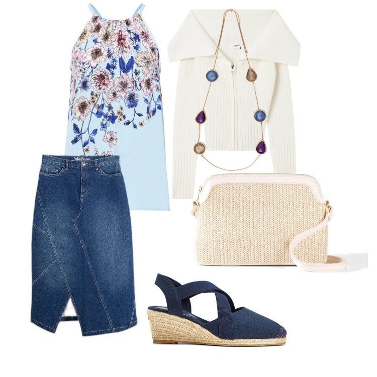 Outfit donna - Fresca primavera. Stile Casual chic per Tutti i giorni. Abbinamento con sandali col tacco, borse a tracolla, top, gonne, cardigans, collane.