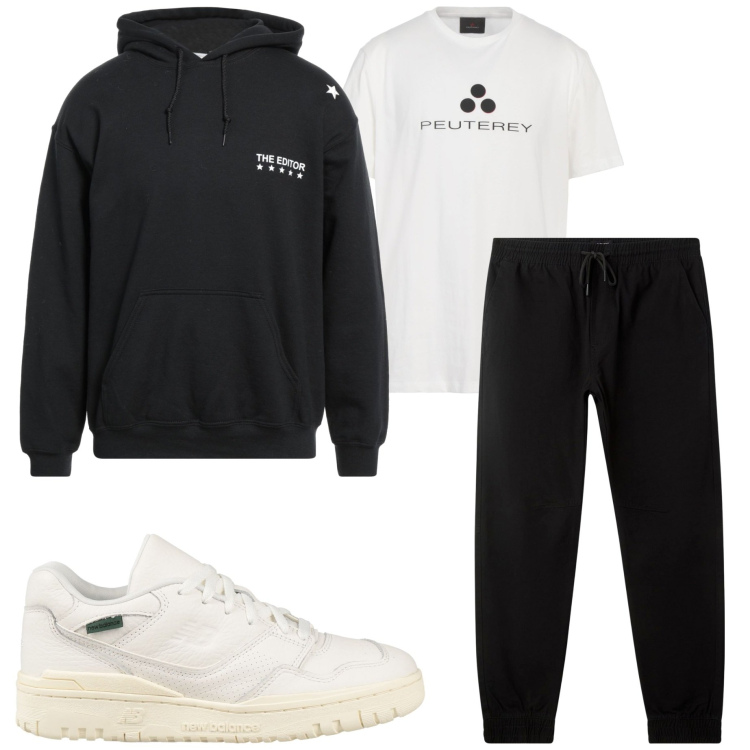 Outfit uomo - Corsa mattutina. Stile Casual per Sport. Abbinamento con felpe con cappuccio, t-shirt, sneakers, pantaloni sportivi.