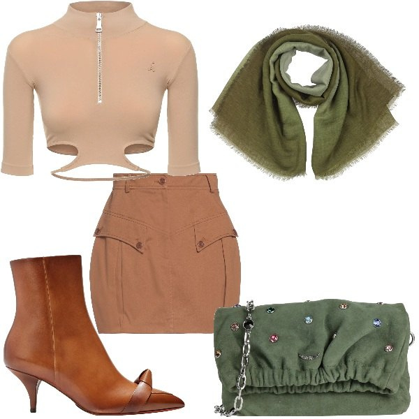 Outfit donna - i colori della terra. Stile Glamour per Tutti i giorni. Abbinamento con minigonne, borse a tracolla, sciarpe, stivaletti, top.