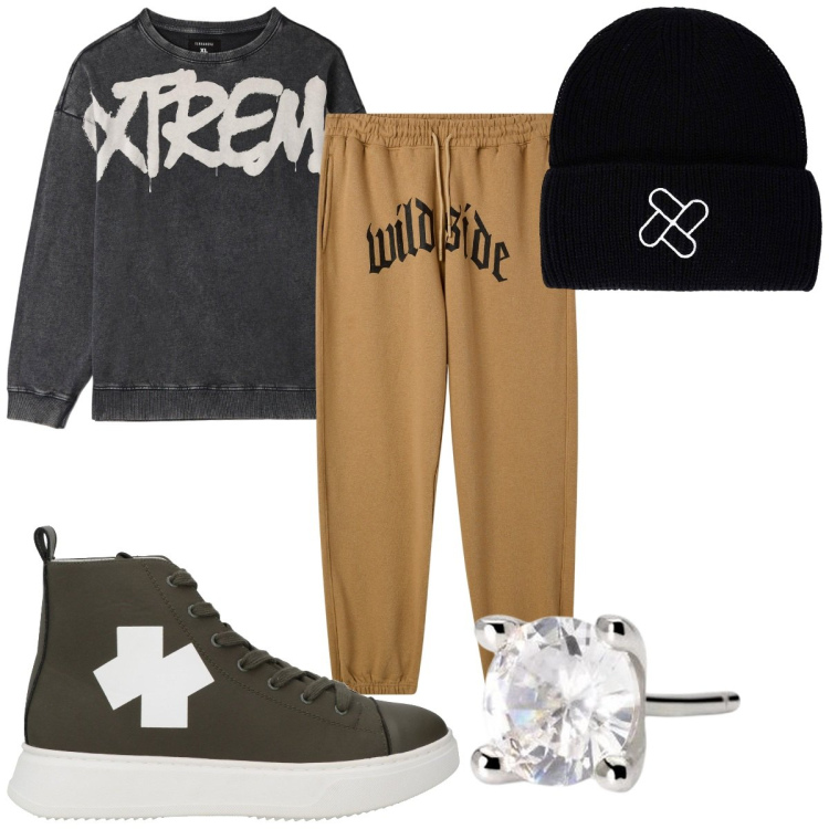Outfit uomo - Total look #2068376. Stile Urban per Tutti i giorni. Abbinamento con sneakers alte, orecchini, pantaloni, felpe, berretti.