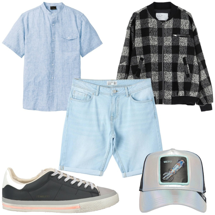 Outfit uomo - Total look #2068383. Stile Trendy per Tutti i giorni. Abbinamento con camicie a manica corta, sneakers, bermuda, bomber, cappelli.