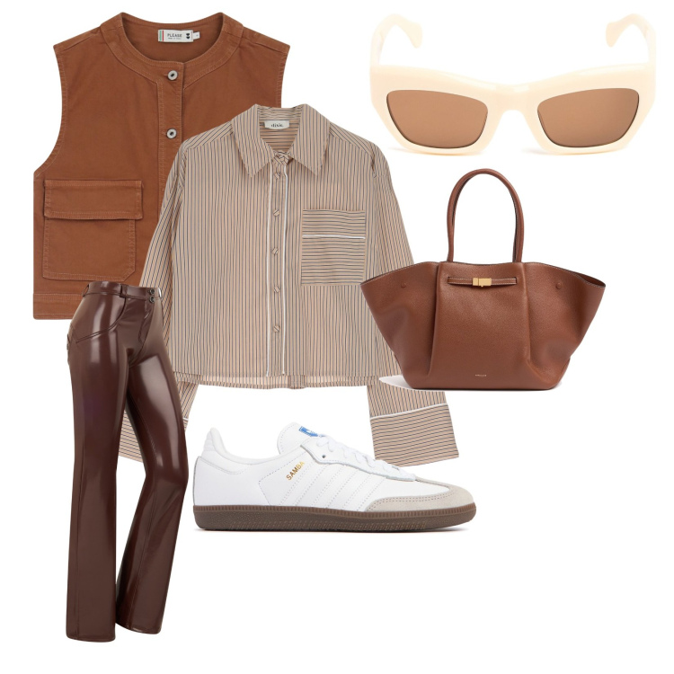 Outfit donna - Connessione interiore. Stile Casual chic per Scuola/Università. Abbinamento con gilet, pantaloni, camicie, sneakers, shopping bag, occhiali da sole.