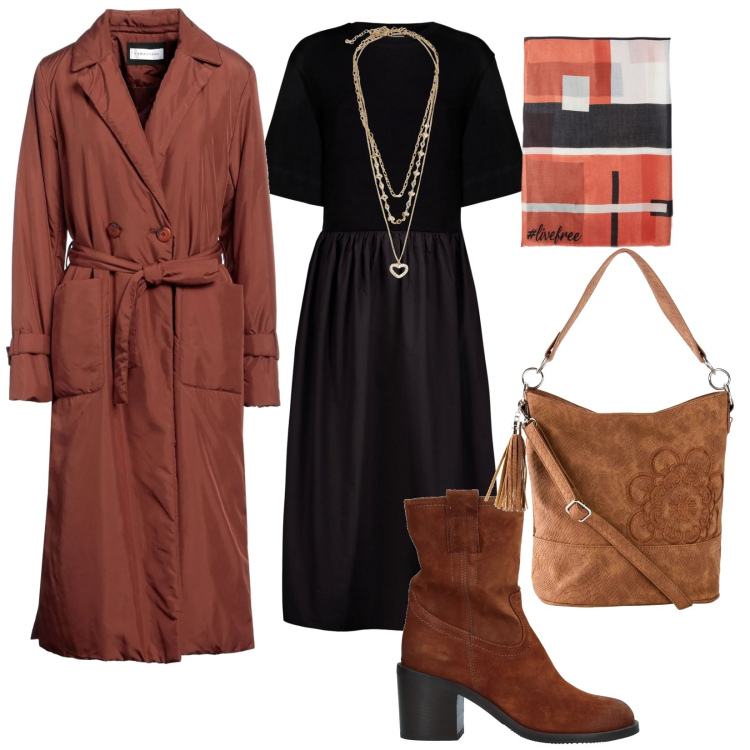 Outfit donna - I colori della terra. per Tutti i giorni. Abbinamento con borse a mano, stivaletti, cappotti, collane, sciarpe, vestiti midi/longuette.