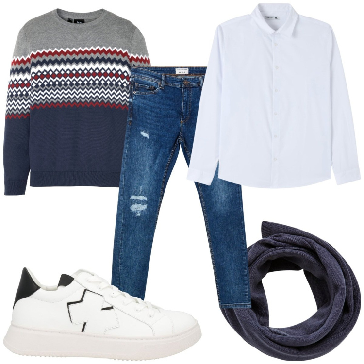 Outfit uomo - Total look #2068405. Stile Casual per Tutti i giorni. Abbinamento con maglieria, sneakers, sciarpe, camicie, jeans strappati.