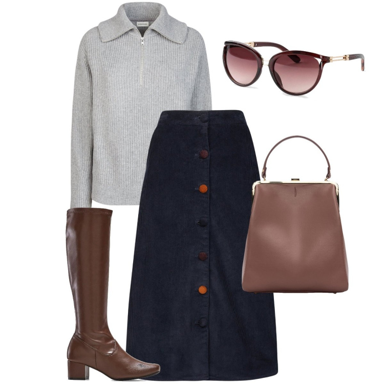 Outfit donna - La gonna in velluto. Stile Casual chic per Tutti i giorni. Abbinamento con stivali, occhiali da sole, gonne longuette, polo, borse a spalla.
