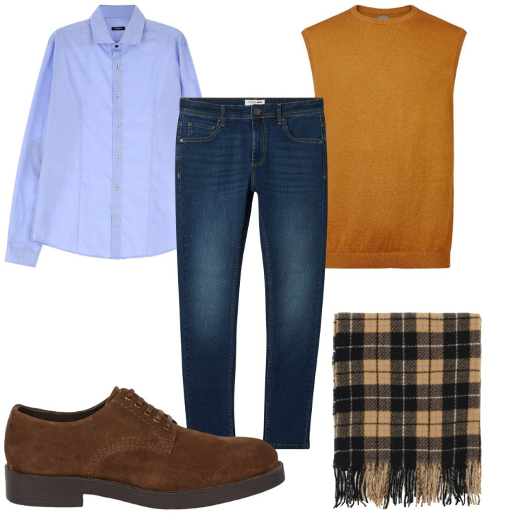 Outfit uomo - Total look #2068411. Stile Casual per Tutti i giorni. Abbinamento con jeans skinny, sciarpe, camicie, gilet, scarpe stringate.