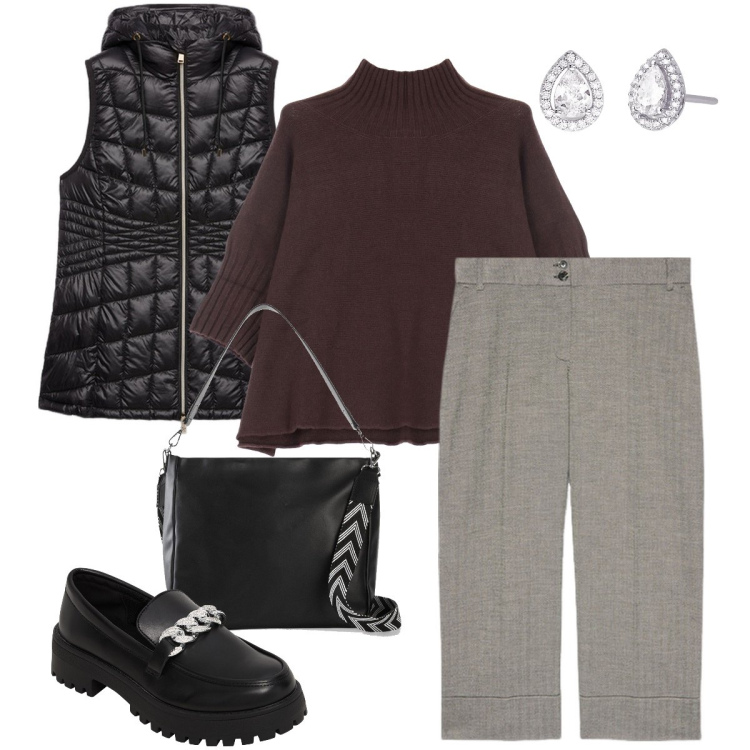 Outfit donna - Il piumino smanicato. Stile Casual chic per Tutti i giorni. Abbinamento con shopping bag, mocassini, orecchini, maglieria, pantaloni, piumini.