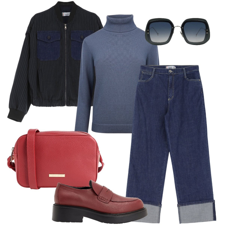 Outfit donna - Non solo blu. Stile Urban per Tutti i giorni. Abbinamento con borse a tracolla, occhiali da sole, mocassini, bomber, jeans, maglieria.