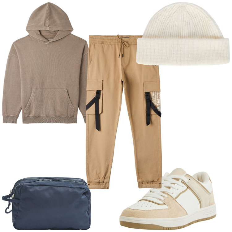Outfit uomo - Total look #2068416. Stile Trendy per Tutti i giorni. Abbinamento con pantaloni cargo, felpe con cappuccio, borse sportive, sneakers, berretti.