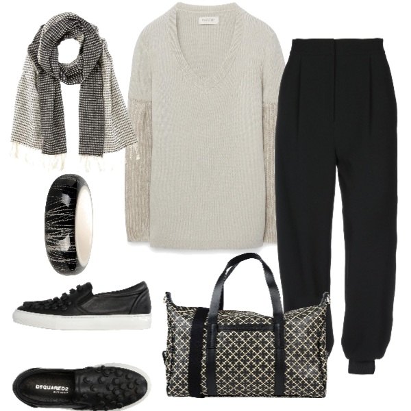 Outfit donna - Comoda. Stile Urban per Tutti i giorni. Abbinamento con borsa a mano maxi fantasia con zip interno foderato in pelle sintetica con tracolla removibile, pantaloni, sneakers tennis, bracciale fantasia, maglia made italy con scollo in mohair, sciarpa taglia unica nero.