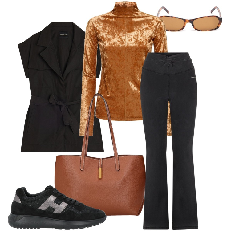 Outfit donna - Il completo di Freddy. Stile Sporty chic per Tutti i giorni. Abbinamento con sneakers, trench, jeggings, borse tote, occhiali da sole, top.