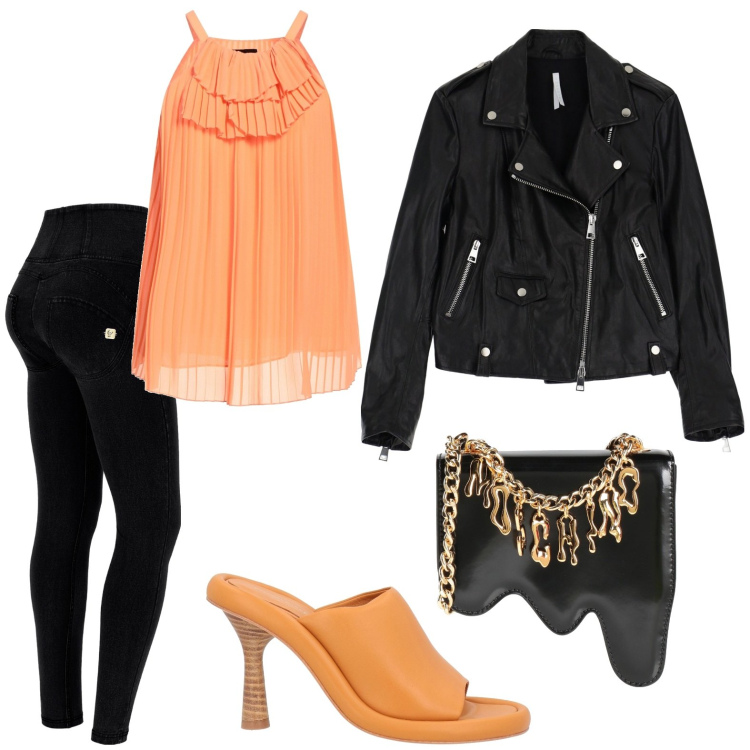 Outfit donna - Serata fashion. Stile Glamour per Serata fuori. Abbinamento con sandali in pelle, top, borse a tracolla, giacche, jeggings.