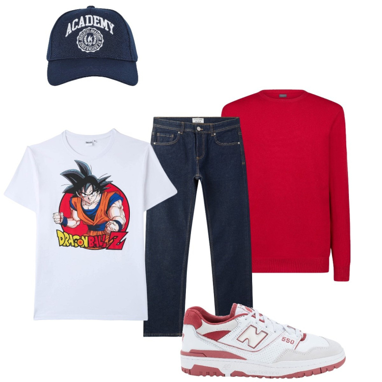 Outfit uomo - Total look #2068461. Stile Casual per Tutti i giorni. Abbinamento con sneakers, jeans, cappelli con visiera, t-shirt, maglieria.