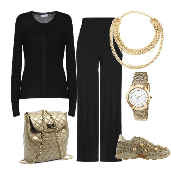 Outfit donna - Gold. Stile Trendy per Scuola/Università. Abbinamento con pantaloni, cardigan lavorato a maglia collo tondo a maniche lunghe tinta unita, collana con strass in ottone con gancio maglia, sneakers stringate con pizzo oro, zaino interno foderato, orologio analogico con cinturino in acciaio inox.
