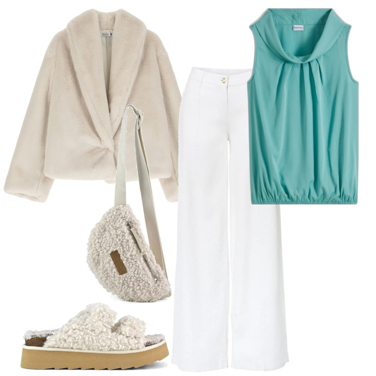 Outfit donna - Tra bianco e beige. Stile Casual chic per Tutti i giorni. Abbinamento con top, pantaloni a palazzo, ecopellicce, marsupi, sandali.