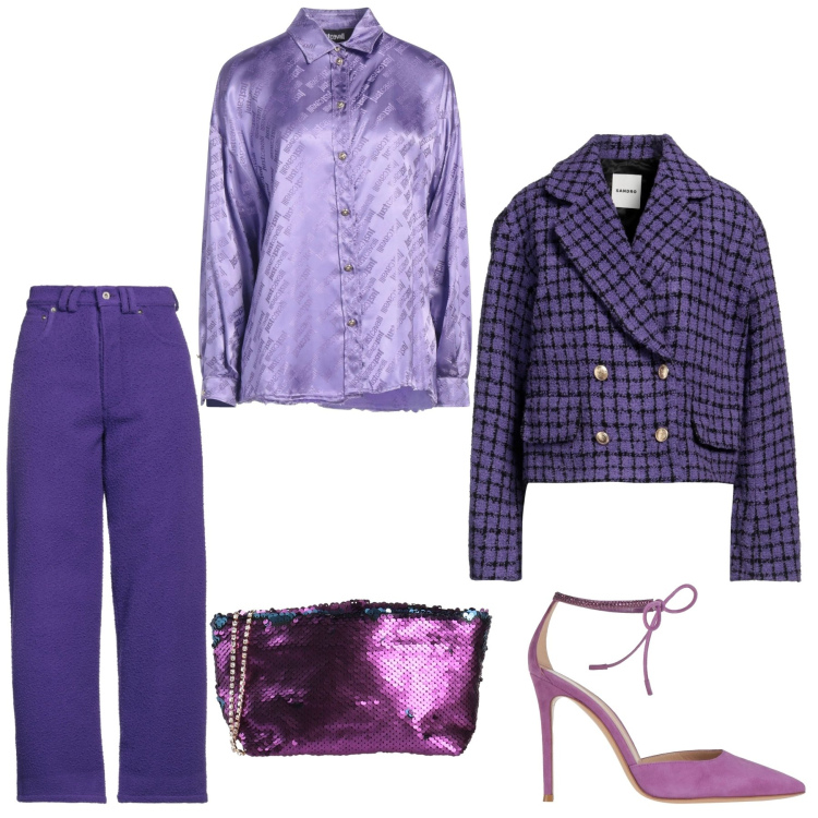 Outfit donna - Sfumature viola. Stile Bon Ton per Serata fuori. Abbinamento con pantaloni, décolleté, camicie, borse a mano, caban.