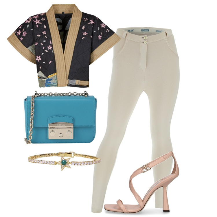 Outfit donna - Total look #2068479. Stile Casual chic per Serata fuori. Abbinamento con borse a spalla, braccialetti, pantaloni skinny, kimono, sandali in pelle.