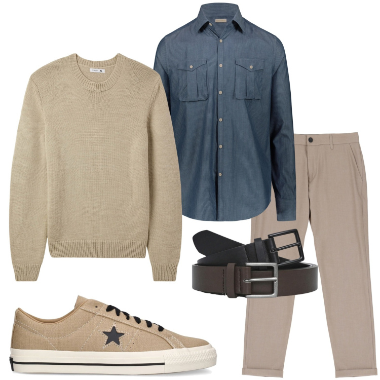 Outfit uomo - Casual in ufficio. Stile Casual per Ufficio. Abbinamento con maglieria, cinture, pantaloni, camicie, sneakers.