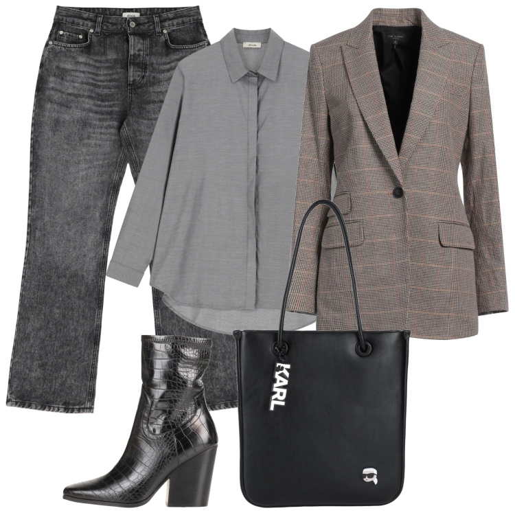 Outfit donna - Nero e Grigio Casual chic. Stile Casual chic per Serata fuori. Abbinamento con stivaletti, borse a spalla, blazer, jeans, camicie.