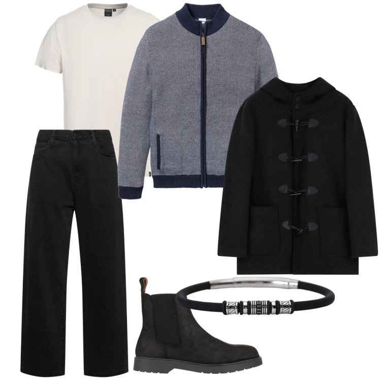 Outfit uomo - Casual. per Tutti i giorni. Abbinamento con cardigans, stivali e stivaletti, t-shirt, braccialetti, parka, jeans.