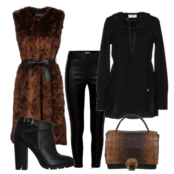 Outfit donna - Il gilet lungo. Stile Trendy per Serata fuori. Abbinamento con gilet, pullover senza tasche fantasia lavorato a maglia collo tondo a maniche lunghe in raso 80% lana, pantalone nero, borsa a tracolla con manico e stampa con zip, tronchetti con fibbia nero.