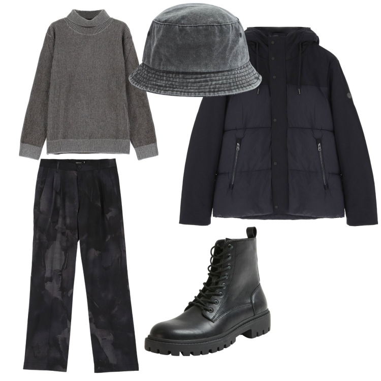 Outfit uomo - Andiamo in montagna. per Tutti i giorni. Abbinamento con cappelli, anfibi, pantaloni, piumini, maglieria.