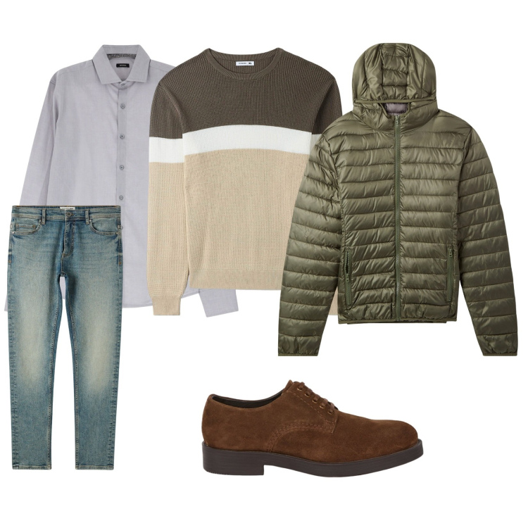 Outfit uomo - Oggi spesa. per Tutti i giorni. Abbinamento con piumini, maglieria, jeans skinny, camicie, scarpe stringate.