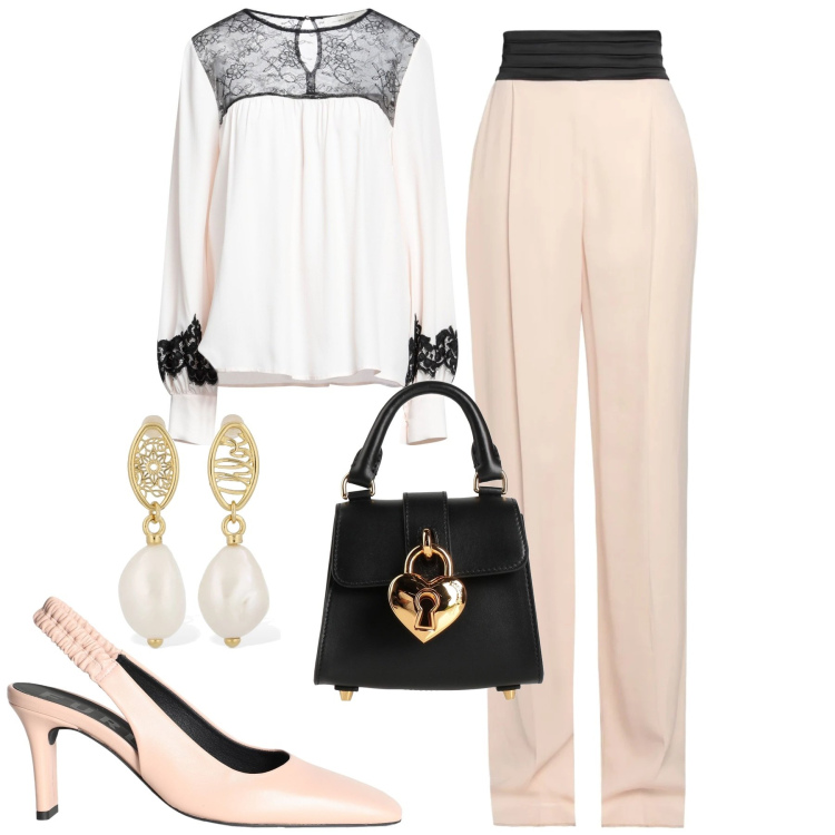 Outfit donna - Elegante rosa chiaro. Stile Chic per Cerimonia. Abbinamento con décolleté, pantaloni, top, borse a mano, orecchini.