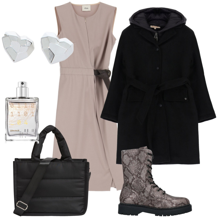 Outfit donna - Total look. Stile Urban per Ufficio. Abbinamento con anfibi, profumi, shopping bag, cappotti, vestiti midi/longuette, orecchini.
