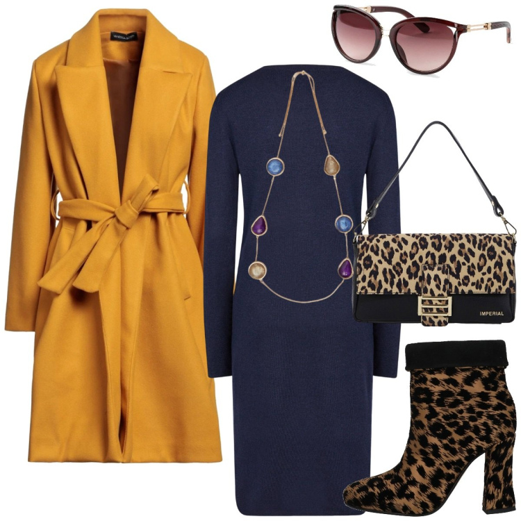 Outfit donna - Un po\' di animalier. Stile Chic per Ufficio. Abbinamento con occhiali da sole, cappotti, stivaletti, borse a spalla, vestiti midi/longuette, collane.