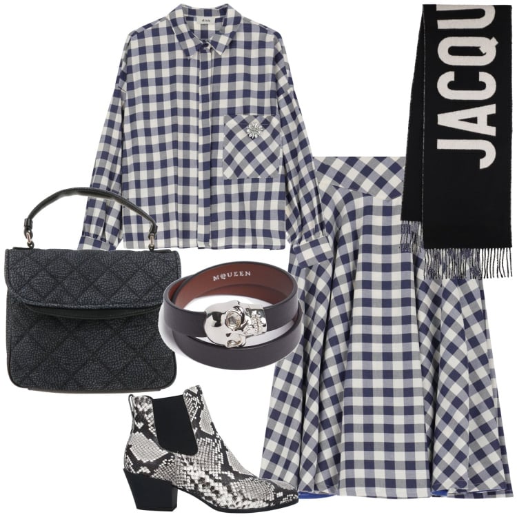 Outfit donna - Il completo a quadretti. Stile Trendy per Ufficio. Abbinamento con stivaletti chelsea, borse a mano, gonne, camicie, sciarpe, braccialetti.