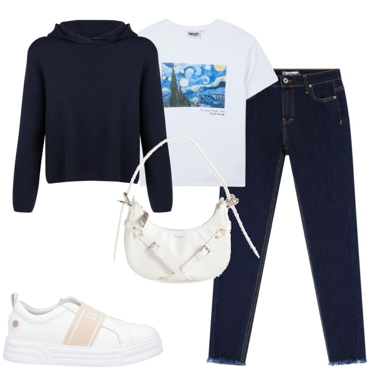 Outfit donna - City. Stile Casual per Tutti i giorni. Abbinamento con borse a mano, sneakers, jeans skinny, maglieria, t-shirt.