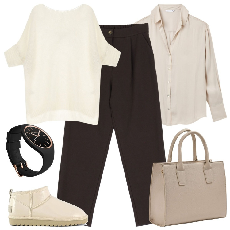 Outfit donna - Ufficio comoda. Stile Basic per Ufficio. Abbinamento con shopping bag, camicie, pullovers, orologi, pantaloni, stivali.