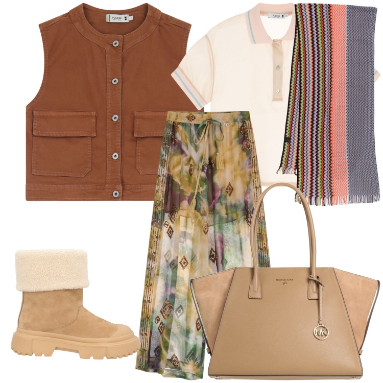 Outfit donna - City. Stile Urban per Tutti i giorni. Abbinamento con borse a mano, stivaletti, gilet, polo, pantaloni a palazzo, sciarpe.