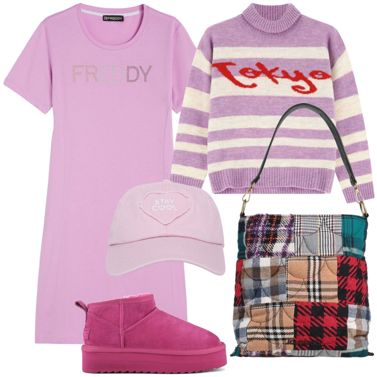 Outfit donna - Tempo libero. Stile Trendy per Tutti i giorni. Abbinamento con borse a mano, cappelli, maglieria, vestiti lunghi, stivaletti.