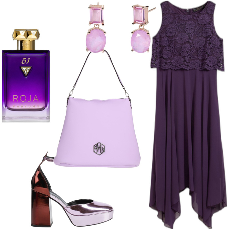 Outfit donna - Violet is the new black. Stile Glamour per Serata fuori. Abbinamento con vestiti midi/longuette, décolleté, borse a spalla, profumi, orecchini.