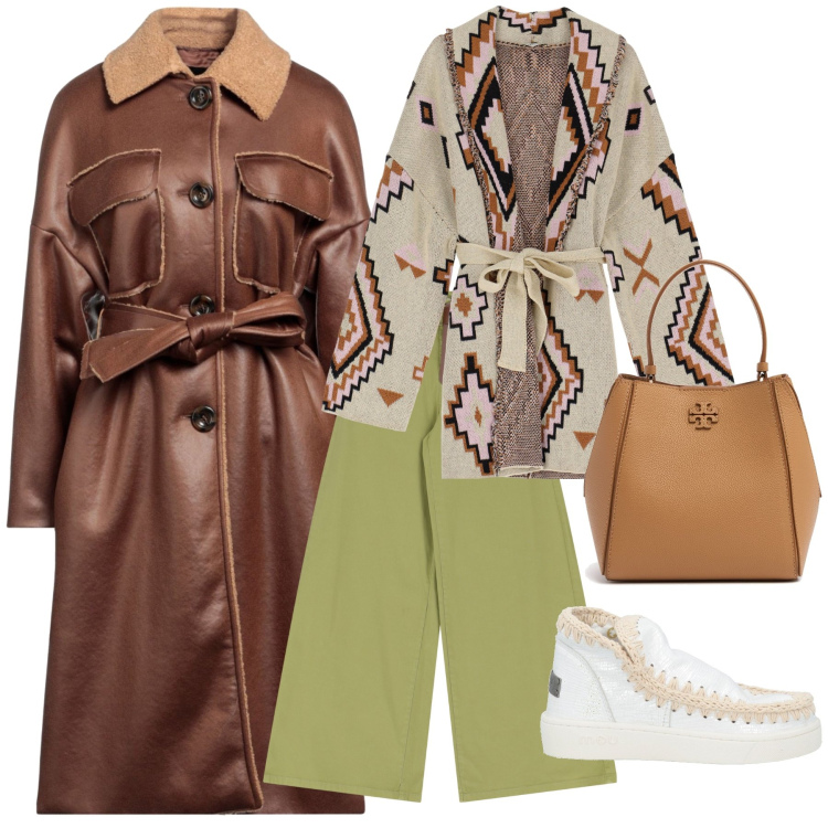 Outfit donna - Total look. Stile Trendy per Tutti i giorni. Abbinamento con cappotti, stivaletti, pantaloni, cardigans, borse a mano.