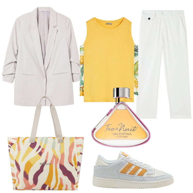 Outfit donna - Tocchi di colore. Stile Casual chic per Tutti i giorni. Abbinamento con sneakers, profumi, pantaloni, blazer, shopping bag, canottiere.