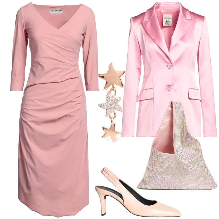 Outfit donna - Pink wedding. Stile Bon Ton per Cerimonia. Abbinamento con décolleté, vestiti corti, blazer, orecchini, borse a spalla.